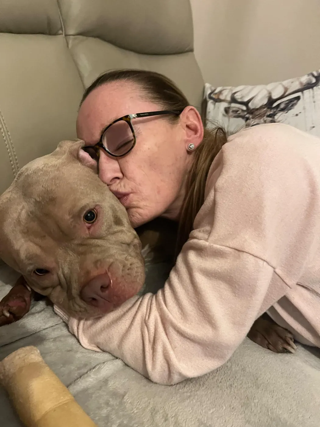 A woman gently comforting a rescue dog on a sofa